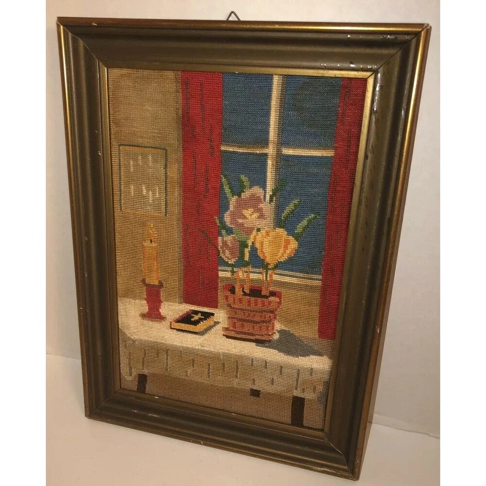 VTG 60s 70s STILL LIFE Bible Flowers Table Candle Christian Cross Stitch Framed